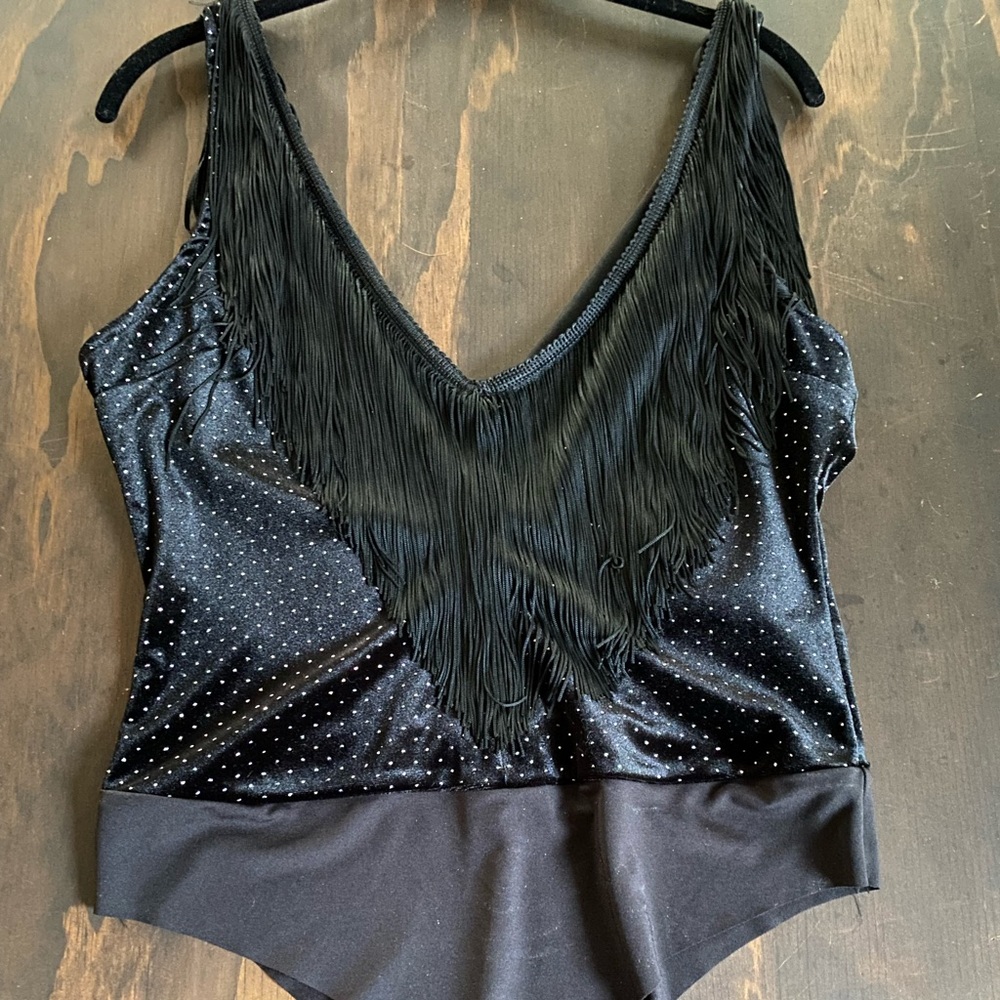 Zara Black Fringe Velvet Bodysuit